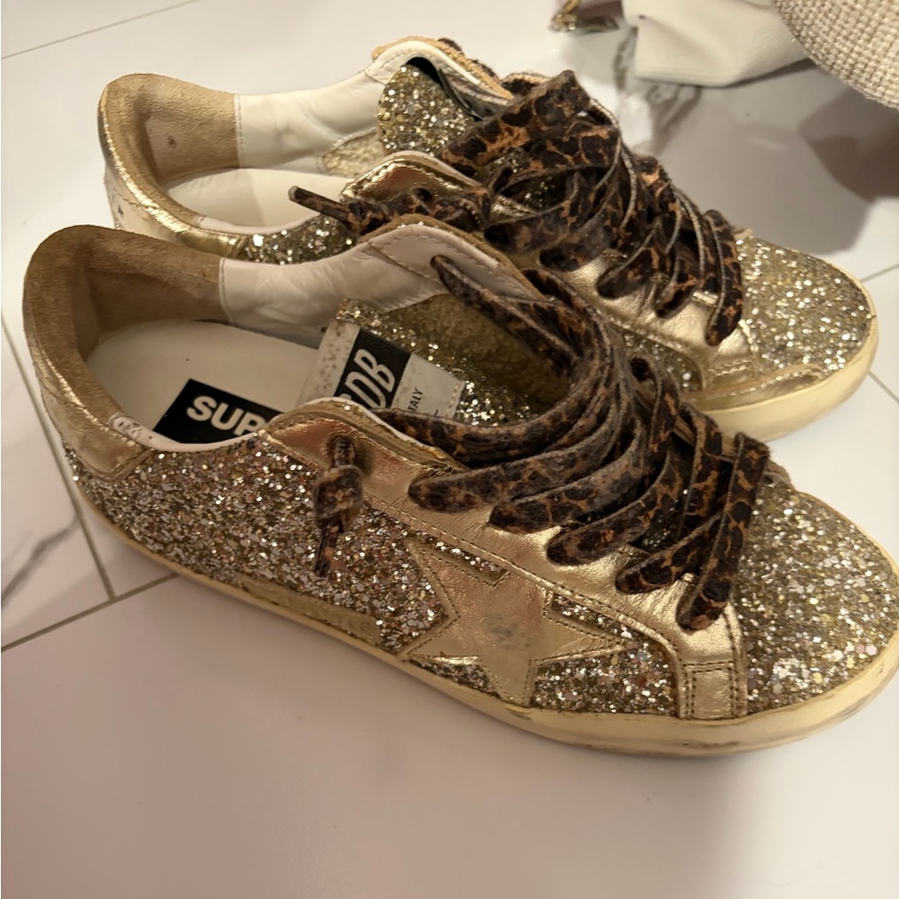 Golden Goose Gold Glitter Sneakers with Leopard Laces NWOT